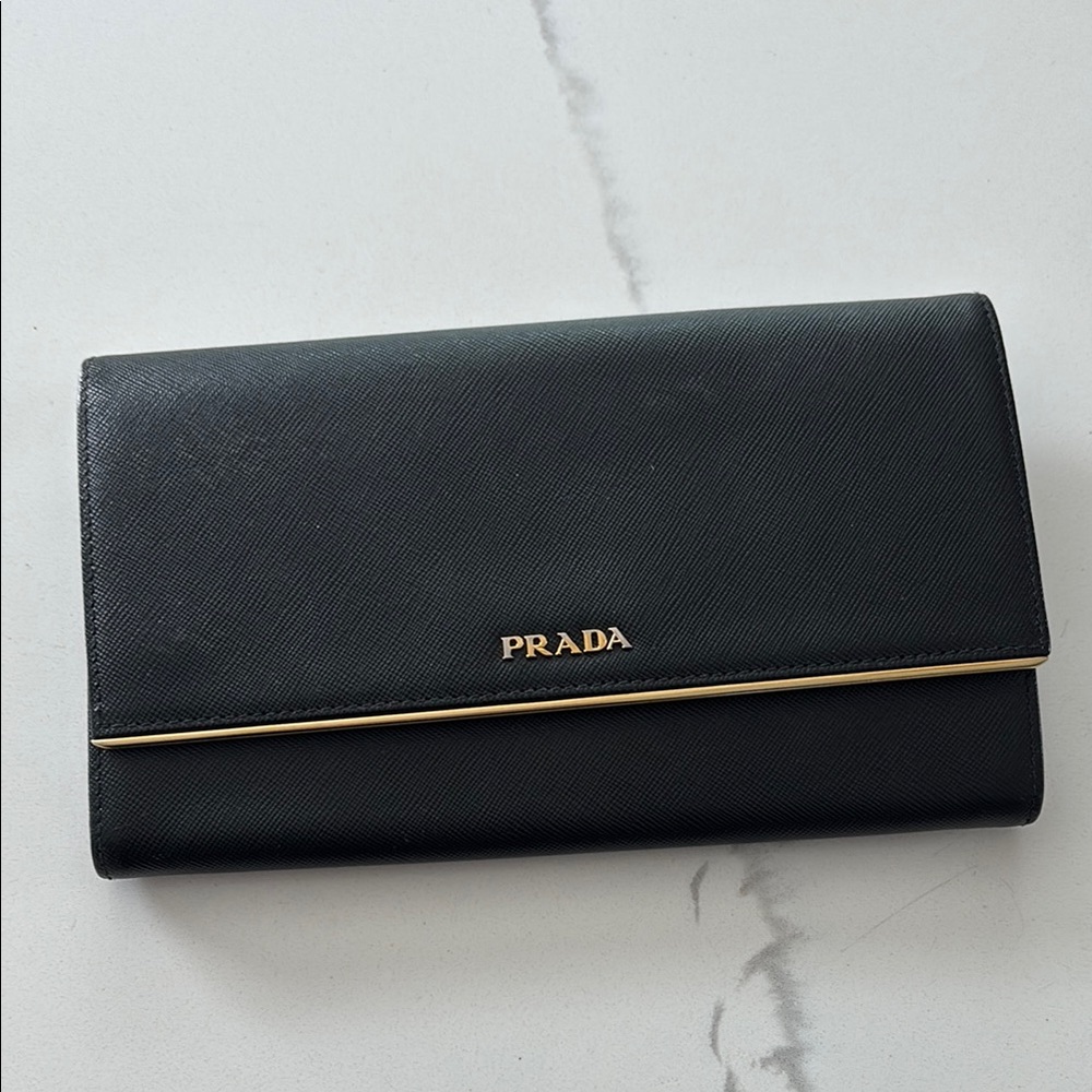 Prada Black Leather Wallet with Gold Detail